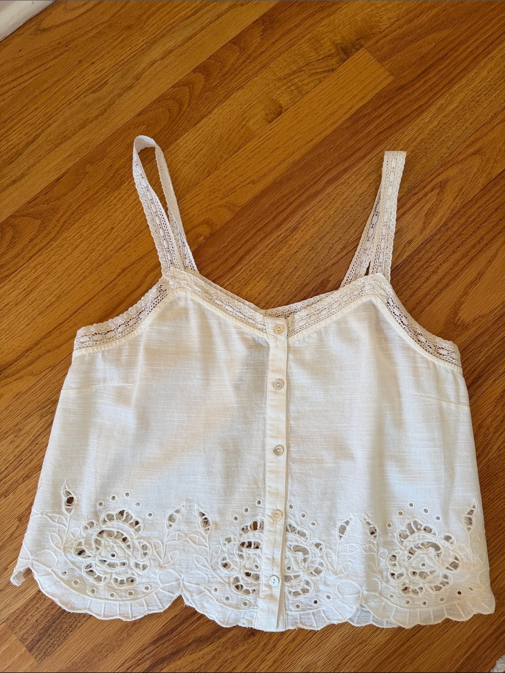 Anthropologie White Eyelet Lace-Trim Button Cami
